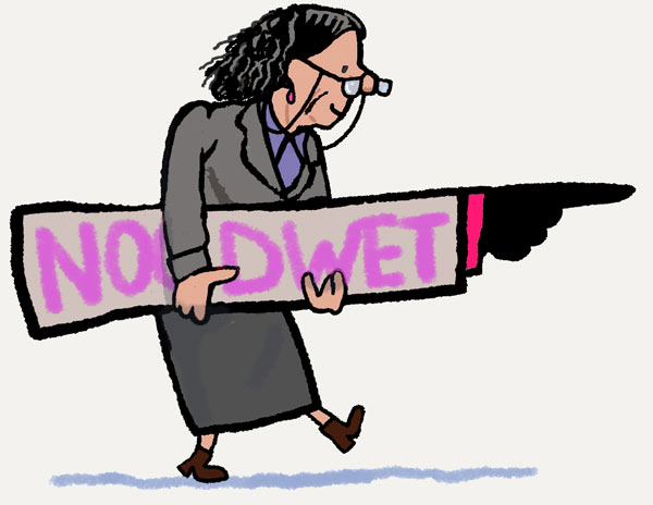 Cartoon van minister Faber met een grote arm in haar handen waarop staat: Noodwet